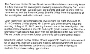 caruthers charges arrested teacher child unified statement released district following